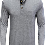 kkboxly  Men's Henley Shirts Casual Trendy Shirt Round Neck With Button Up Solid Long Sleeve For Daily Summer Autumn