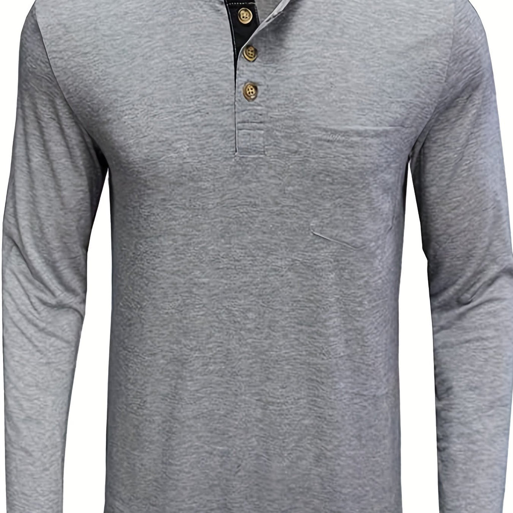 kkboxly  Men's Henley Shirts Casual Trendy Shirt Round Neck With Button Up Solid Long Sleeve For Daily Summer Autumn