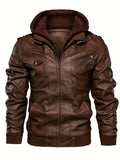 kkboxly  Men's PU Leather Hooded Pockets Zipper Long Sleeves Jackets