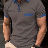 kkboxly  Breathable Regular Fit Contrast Color Design Golf Polo Shirt, Men's Casual V-Neck T-Shirt Short Sleeve For Summer, Men's Clothing