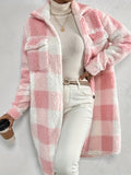 kkboxly  Plaid Pattern Teddy Coat, Casual Button Front Long Sleeve Outerwear, Women's Clothing