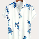 kkboxly  Blue Flowers Print, Men’s Button Up Short Sleeve Shirt Regular Fit For Beach Summer