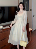 kkboxly  Solid Contrast Lace Dress, Elegant Long Sleeve Squared Neck Ruched Dress, Women's Clothing