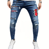 Slim Fit Ripped Cotton Jeans, Men's Casual Street Style Paint Splatter Chain Decor Distressed Mid Stretch Denim Pants For Spring Summer