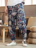 kkboxly  Ethnic Pattern Vintage Cotton Harem Pants, Men's Casual Drop Crotch Jogging Harem Pants For Spring Summer