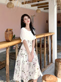 kkboxly  Floral Print Ruffle Trim Dress, Elegant Shirred High Waist Dress, Women's Clothing