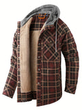 kkboxly  100% Cotton Classic Plaid Men's Hooded Jacket Fleece Lined Casual Long Sleeve Sherpa Lined Hoodies Hooded Shirt Coat For Autumn Winter