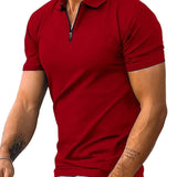 kkboxly  Solid Color Men's Casual Short Sleeves Zipper Graphic Polo Shirts, Lapel Collar Tops Pullovers, Men's Clothing For Summer