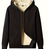 kkboxly  Warm Fleece Solid Hooded Winter Hooded Jacket, Men's Casual Stretch Zip Up Jacket Coat For Fall Winter