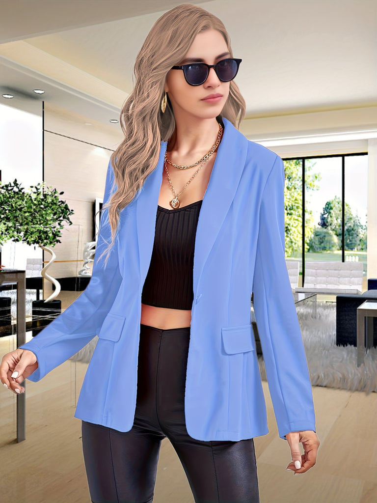 Solid One Button Blazer, Elegant Long Sleeve Work Office Outerwear, Women's Clothing