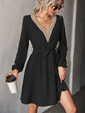 kkboxly  Women's Dresses V Neck Long Sleeve Lace Ruffles Waist Regular Hem Party Dresses
