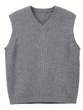 kkboxly  Plus Size Men's Solid Knit Textured Vest Sweater For Spring/autumn, Oversized Trendy Sleeveless Sweater For Males, Men's Clothing