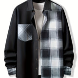 kkboxly  Stylish Collage Chest Pocket Plaid Pattern Casual Long Sleeve Button Up Shirt, Men's Clothes For Spring Summer Fall Outdoor
