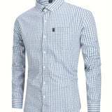 kkboxly  Men's Stylish Checkered Pattern Shirt, Casual Breathable Lapel Button Up Long Sleeve Shirt Top For City Walk Street Hanging Outdoor Activities