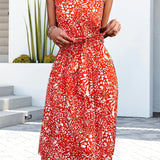 kkboxly  Leopard Sleeveless Spaghetti Dress, Elegant Button Front Knotted Dress, Women's Clothing