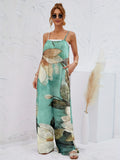 kkboxly  Boho Splash Ink Print Jumpsuit, Casual Spaghetti Sleeveless Long Length Wide Leg Jumpsuit, Women's Clothing