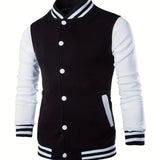 kkboxly  Trendy Varsity Jacket, Men's Casual Color Block Button Up Jacket For Spring Fall School Baseball