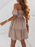 kkboxly  Off Shoulder Shirred Dress, Elegant Ruffle Hem Short Sleeve Dress, Women's Clothing