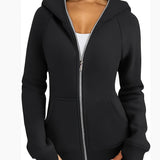 Solid Zip Up Thermal Hoodie, Casual Long Sleeve Pocket Outerwear For Fall & Winter, Women's Clothing