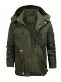 kkboxly  Warm Fleece Hooded Jacket, Men's Casual Multi Pocket Jacket Coat For Fall Winter