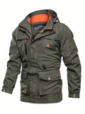 kkboxly  Casual Multi-pocket Light Weight Drawstring Waist Zip Up Hooded Jacket Coat, Men's Cotton Jacket For Fall Outdoor