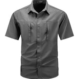 kkboxly  Trendy Solid Print Men's Casual Short Sleeve Cotton Shirt With Pockets, Men's Shirt For Summer, Tops For Men