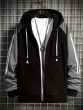 kkboxly  Men's Color Block Hoodie, Casual Slightly Stretch Breathable Zip Up Long Sleeve Coat For Outdoor