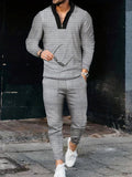 kkboxly  Waffle Pattern Men's 2Pcs Outfits, Casual V Neck Long Sleeve Pullover Sweatshirt And Drawstring Tapered Trousers Joggers Set For Spring Fall, Men's Clothing