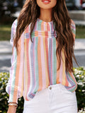 kkboxly  Rainbow Stripe Print Blouse, Casual Tucked Long Sleeve Blouse, Women's Clothing