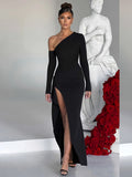 kkboxly  Split Thigh Solid Dress, Elegant Slanted Shoulder Long Sleeve Maxi Dress, Women's Clothing