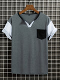 kkboxly  Classic Design Color Block Men's Basic Henley Tee With Pocket, Casual Slim Short Sleeve Henley T-Shirt With Button