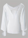 kkboxly  Faux Pearl Back Cross V Neck Blouse, Casual Long Sleeve Blouse For Spring & Fall, Women's Clothing