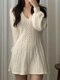 kkboxly  Cable Knit Sweater Dress, Casual V Neck Long Sleeve Dress, Women's Clothing