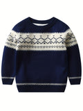 Retro Geometric Pattern Boys Casual Color Block Knitted Sweater For Fall Winter, Gift For Kids