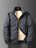 kkboxly  Men's Fleece Lined Padded Jacket, Men Casual Padded Coat Windbreaker Zipper Pocket Stand Collar For Men Winter