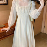 kkboxly  Solid Contrast Lace Dress, Elegant Long Sleeve Squared Neck Ruched Dress, Women's Clothing