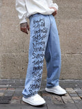 Letter Print Loose Fit Jeans, Men's Casual Street Style Wide Leg Denim Pants For All Seasons