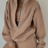 kkboxly  Casual Matching Two-piece Set, Zip Up Sweatshirt  & Solid Sweatpants Outfits, Women's Clothing
