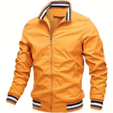kkboxly  Plus Size Men's Trendy Casual Zipper Stand Collar Pocket Jacket, Solid Color Long Sleeve Stripe Pattern On The Bottom Coat Loose Oversized