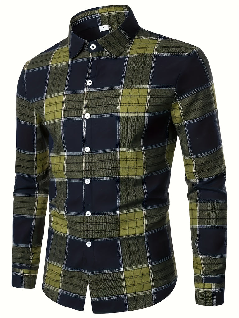 kkboxly  Men's Plaid Pattern Long Sleeve Casual Shirt, Men's Retro Button Up Shirt For Spring Fall