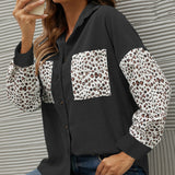 kkboxly  Corduroy Leopard Print Stitching Coat, Casual Lapel Long Sleeve Button Down Fashion Loose Outerwear, Women's Clothing