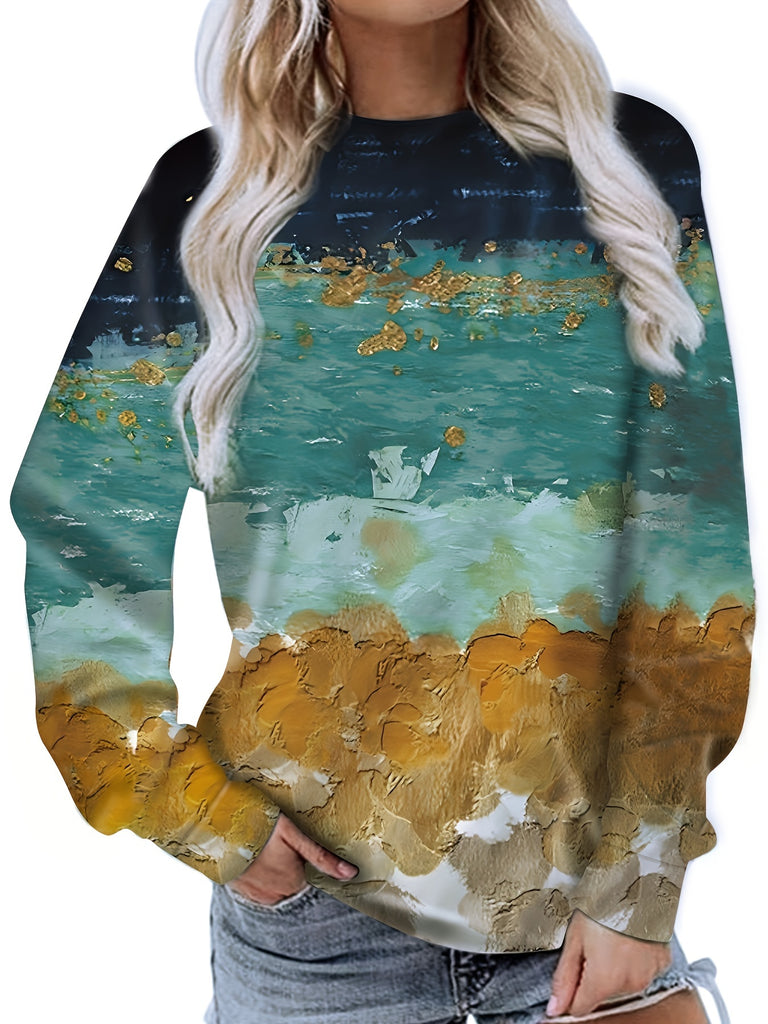 kkboxly   Marble Print Crew Neck Sweatshirt, Casual Long Sleeve Versatile Sweatshirt, Women's Clothing