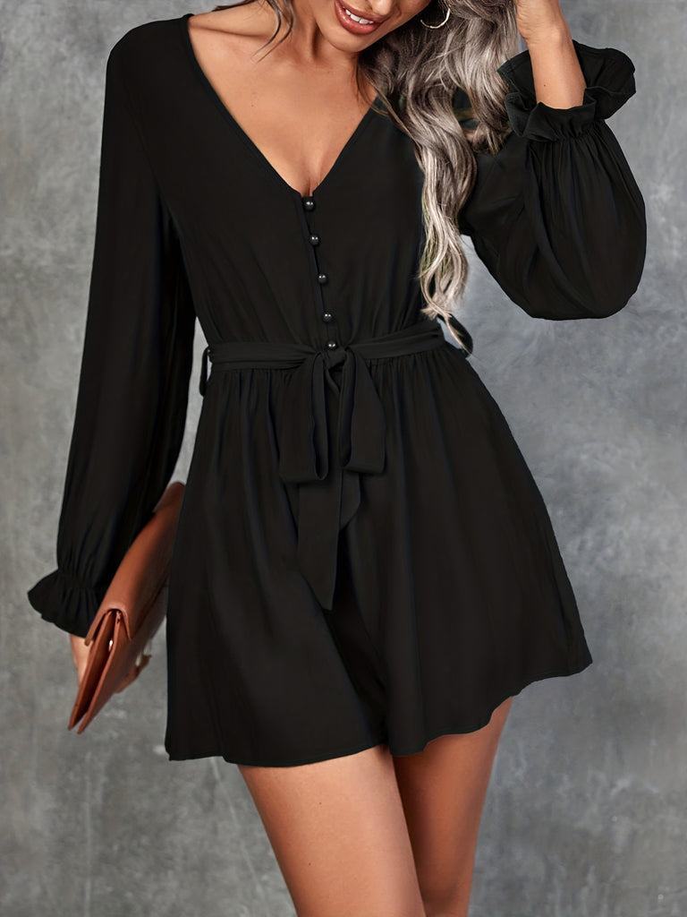 kkboxly  Solid V Neck Belted Romper Jumpsuit, Casual Long Sleeve Button Romper Jumpsuit, Women's Clothing