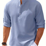 kkboxly  Men's Retro Casual Long Sleeve Stand Collar Shirt With Half Button, Spring Fall Outdoor