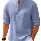 kkboxly Men's Retro Casual Long Sleeve Stand Collar Shirt With Half Button, Spring Fall Outdoor
