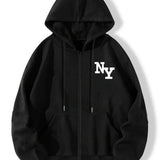xieyinshe  Fashion Letter Print Long Sleeve Fleece Hooded Sweatshirts, Zip Up Drawstring Sports Hoodie Jacket With Front Pocket, Women's Sporty Sweatshirts