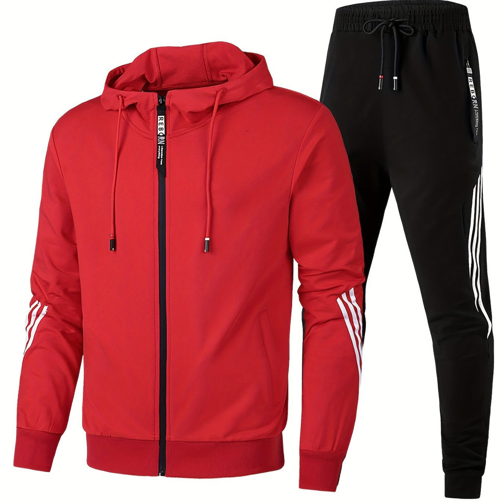 kkboxly  Stripe Design, Men's 2pcs, Long Sleeve Zip Up Hoodie And Drawstring Jogger Pants For Running, Athletics
