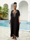 Plus Size Boho Kaftan Dress, Women's Plus Golden Embroidered Bat Sleeve Notched Neck Maxi Cover Up Dress