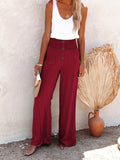 kkboxly  Smocked Waist Wide Leg Pants, Casual Loose Button Front Pants For Spring & Summer, Women's Clothing