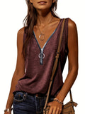 kkboxly  Casual V-neck Zipper Cami Top, Solid Fashion Sleeveless Loose Summer Fit Tank Top, Women's Clothing